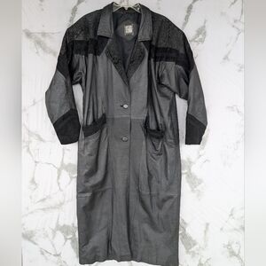Vintage Greg Bell Women's Black Leather Trench Coat Paisley Suede XL